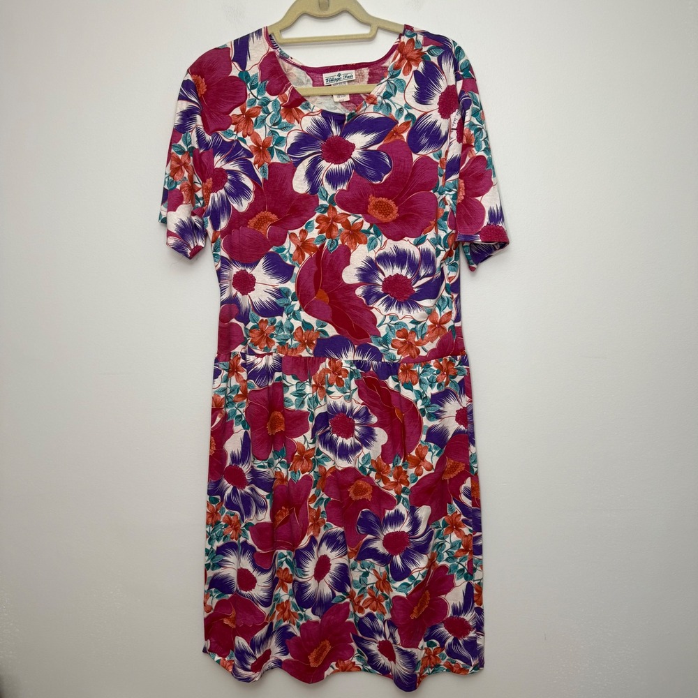 Village Fair Vintage 90s Floral Drop Waist Midi Dress Medium Pink Purple USA